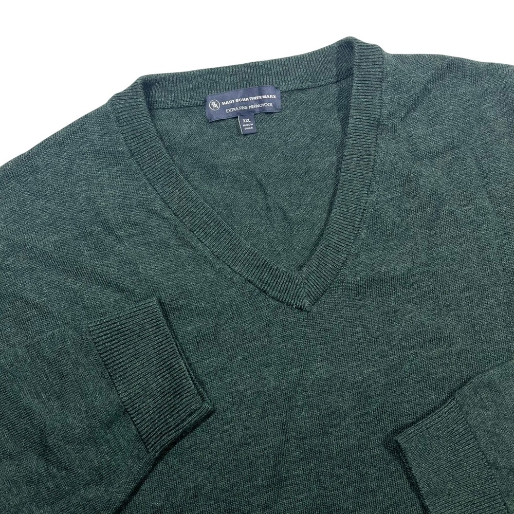 Hart Schaffner Marx Sweater Mens XXL Green Merino Wool V-Neck Pullover Knit